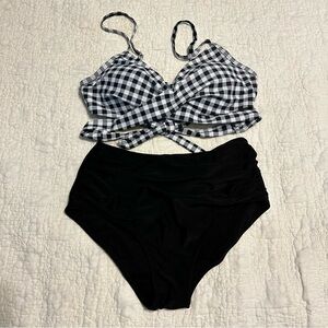 Suuksess 2 Piece Swimsuit High Waist Gingham Checked Ruched Size Small Wrap Tie